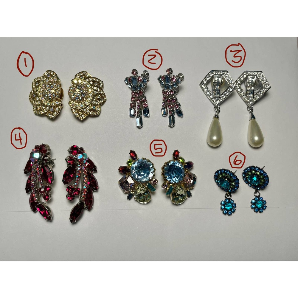 Lot of 6 Pairs Vintage Costume Jewelry Earrings Rhinestones Faux Pearls